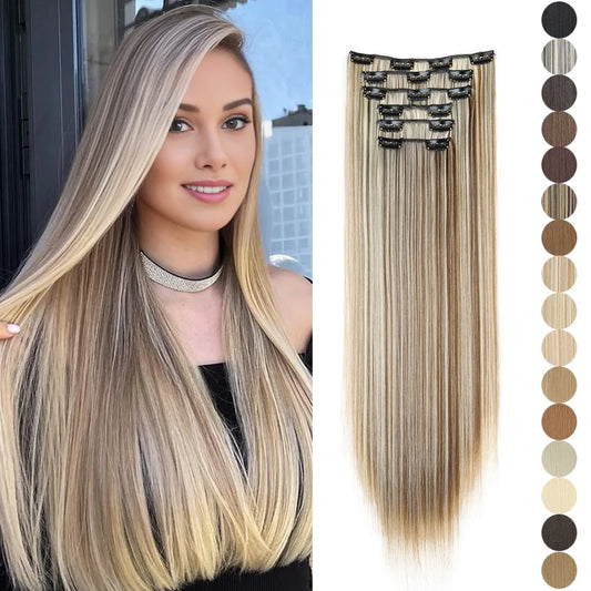 Synthetic 24Inch 16 Clips in Hair Extensions Long Straight Hairstyle wig